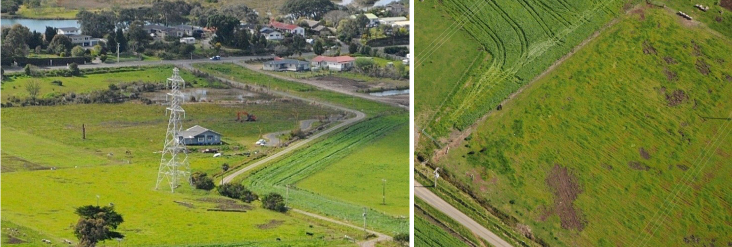 Aerial photograph showing soil disturbance at the site of the leak. Dark brown patches are visible in a green field next to a road close to an electricity pylon, these appear to have been the result of earthworks. In the background of the picture there is a house and a JCB style digger. Aerial photographs showing soil disturbance at the site of the leak. Dark brown patches are visible in a green field next to a road close to an electricity pylon, these appear to have been the result of earthworks. In the background of the picture there is a house and a JCB style digger.