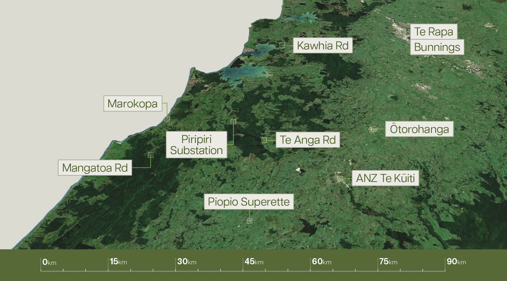 Geographic map showing 'Key locations and sightings, second disappearance', showing left to right: Mangatoa Rd, Marokopa, Piripiri Substation, Piopio Superette, Te Anga Rd, Kawhia Rd, ANZ Te Kuiti, Ōtorohanga, Te Rapa Bunnings,